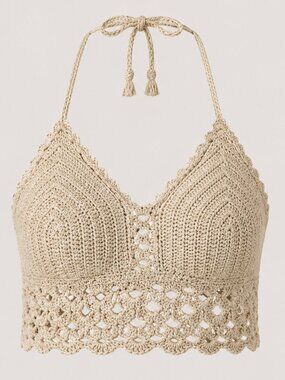 Zoë Bikini Cotton Crochet Halter Top Beige Boho One Size